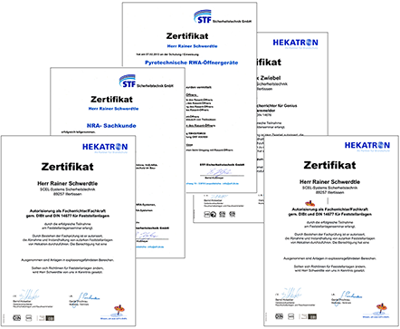 SCEL-SYSTEMS Brandschutz Laupheim: Auswahl unsere Zertifikate zur Pruefung und Wartung von Branschutzeinrichtungen.
